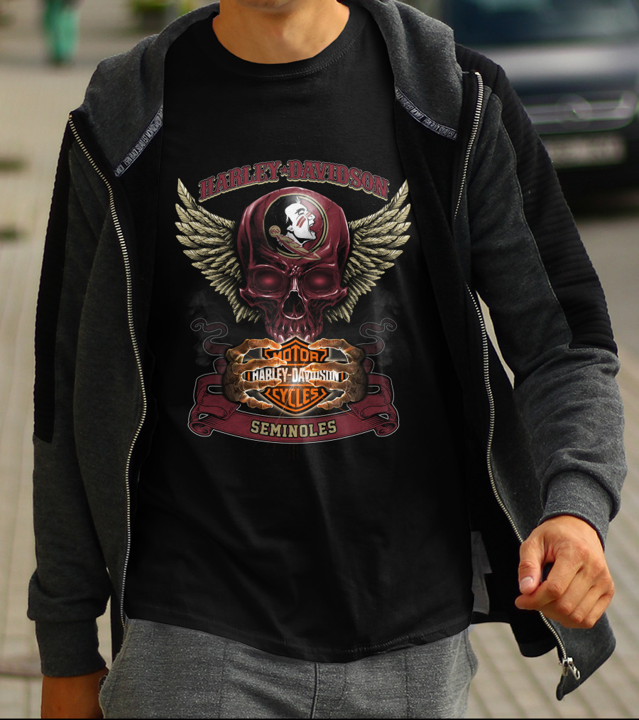 Harley Davidson Seminoles Skull With Florida State Motor Cycles Wings T-Shirt