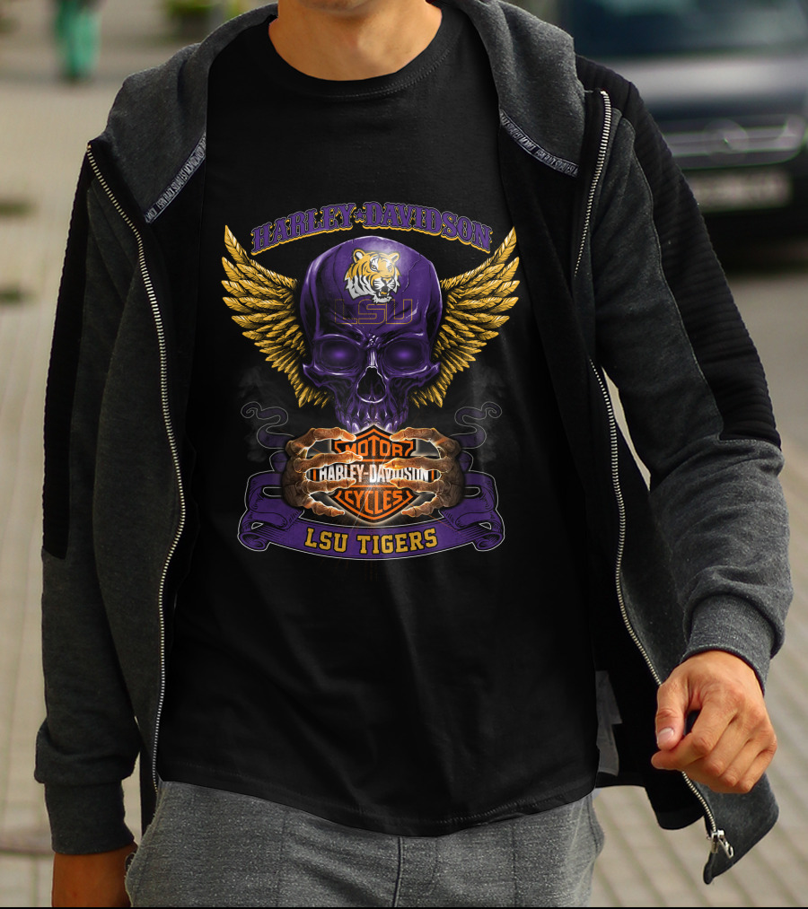 Harley Davidson Lsu Tigers Motorcycles Skull Wings T-Shirt