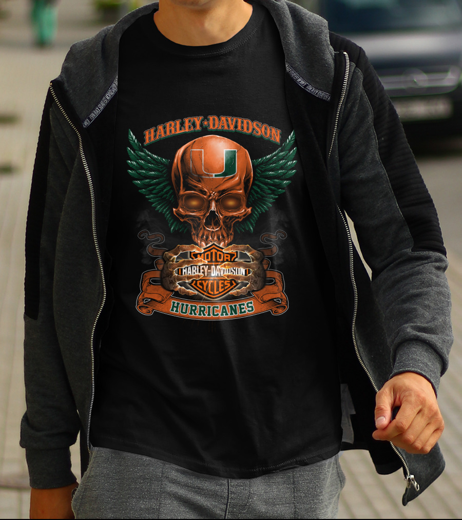 Harley Davidson Miami Hurricanes Skull With Wings Motorcycles T-Shirt