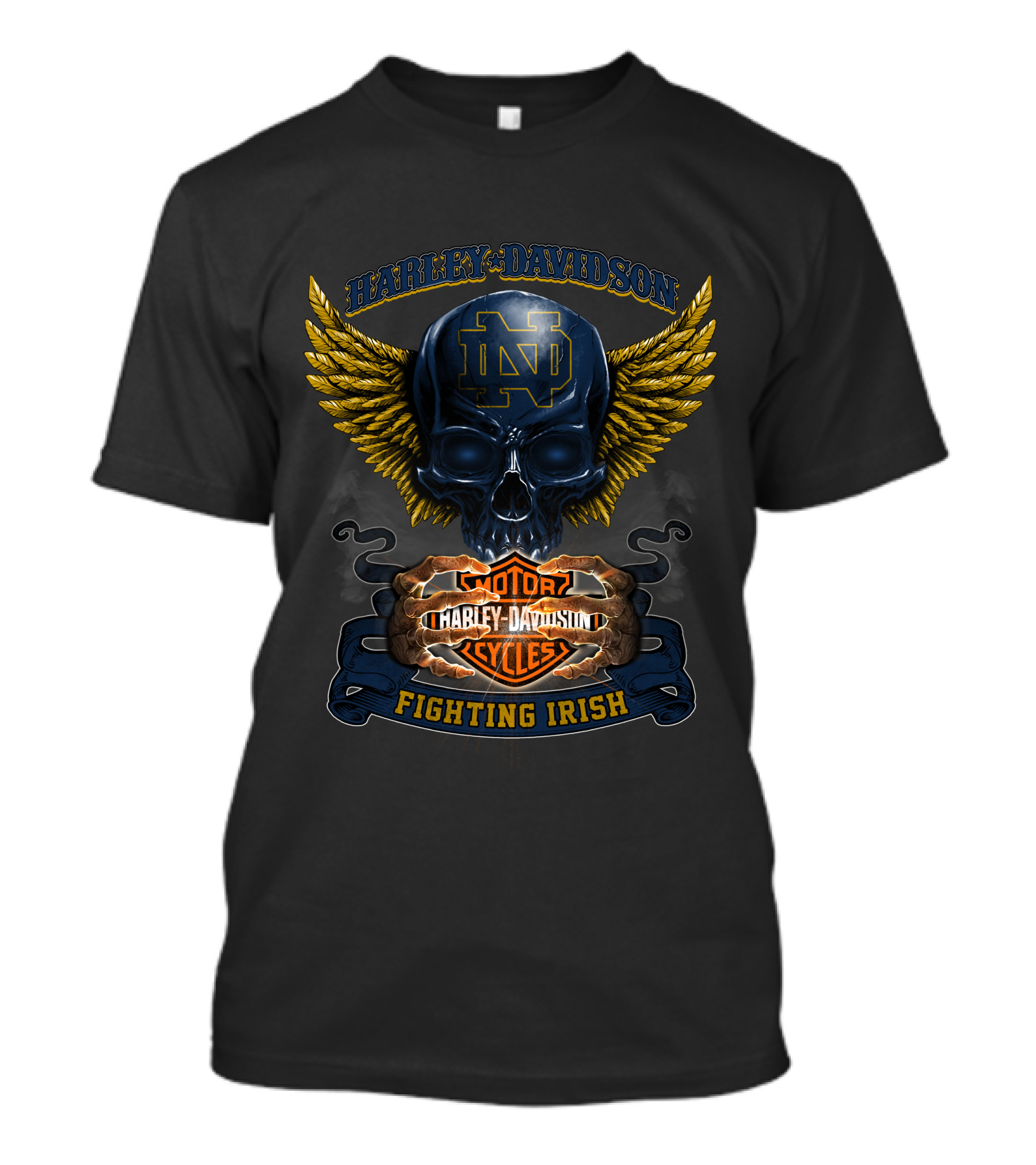 Harley Davidson Notre Dame Nd Motor Cycles Fighting Irish Skull Wings T-Shirt