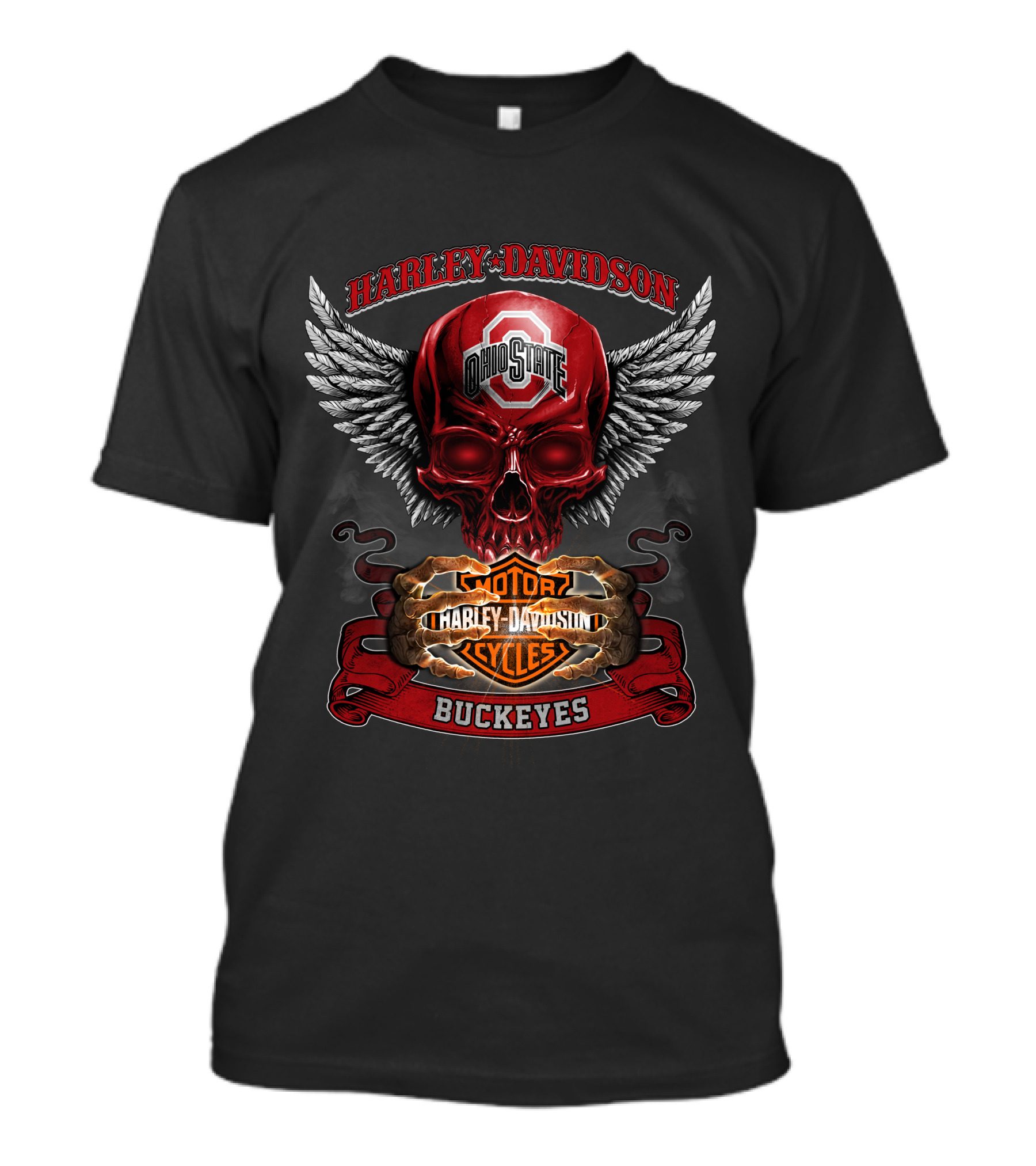 Harley Davidson Ohio State Buckeyes Skull Winged Motorcycles T-Shirt