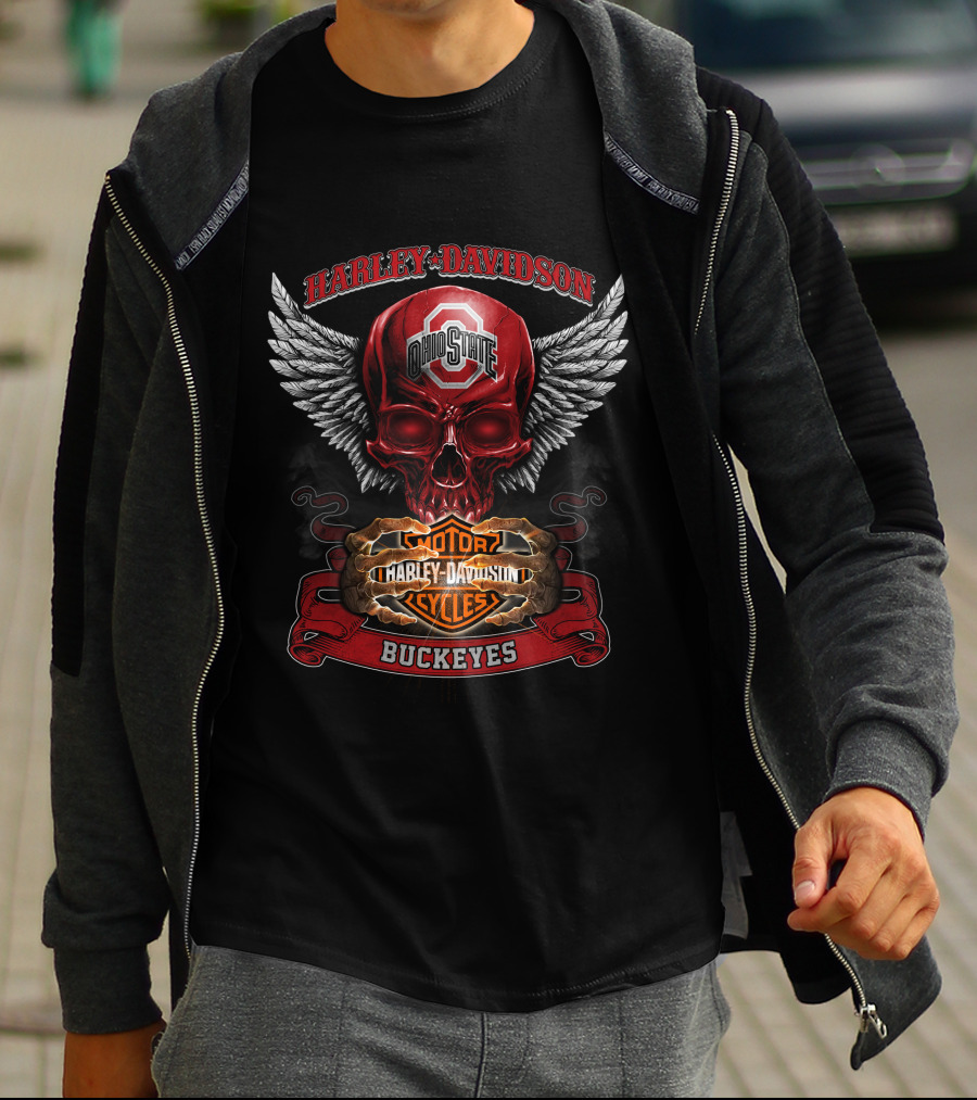 Harley Davidson Ohio State Buckeyes Skull Winged Motorcycles T-Shirt