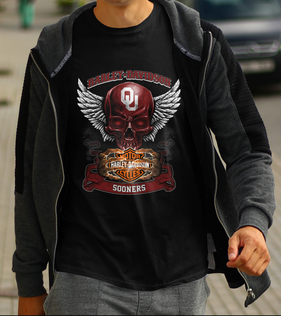 Harley Davidson Oklahoma Sooners Ou Winged Skull Motorcycles T-Shirt