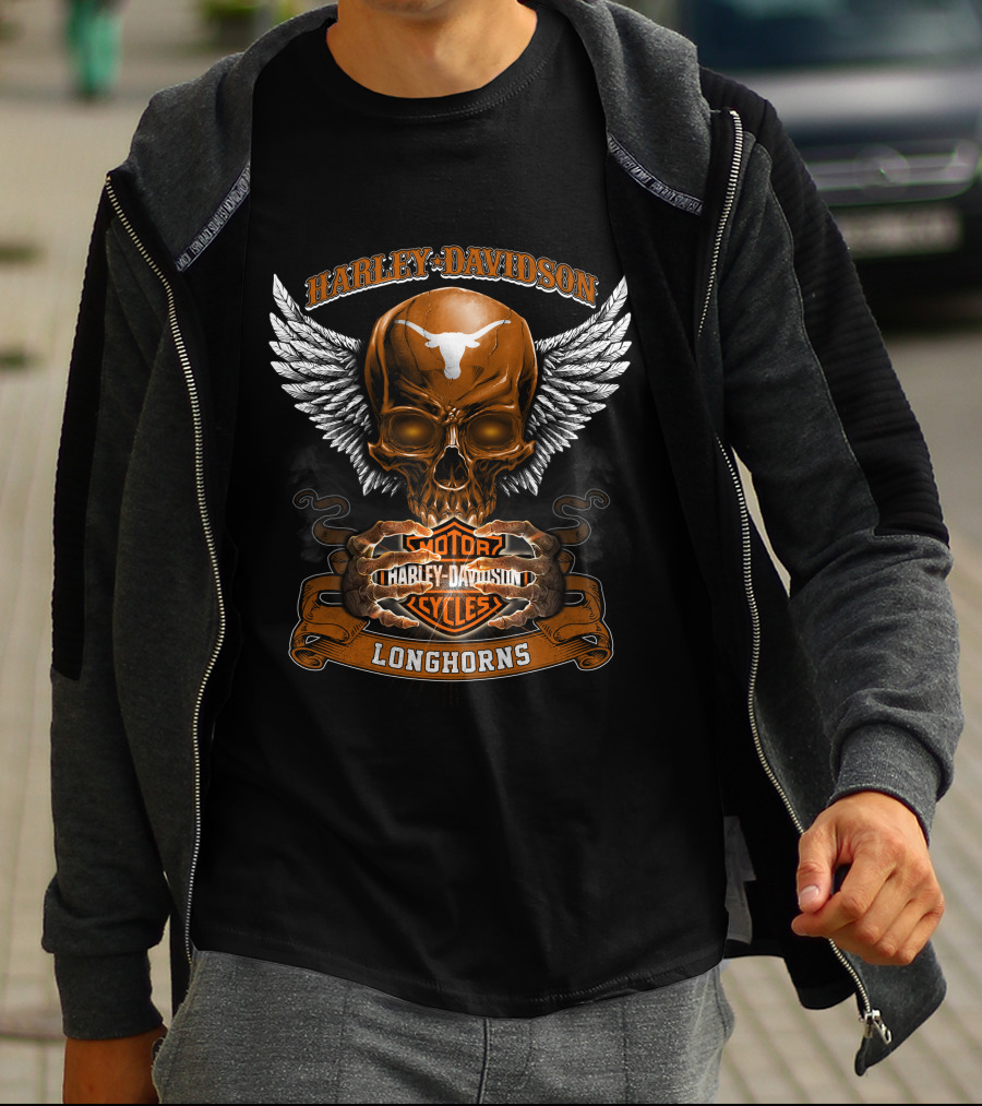 Harley Davidson Longhorns Texas Skull Wings Motorcycles T-Shirt