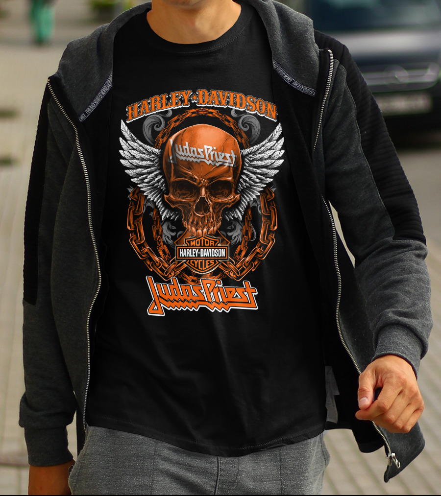 Harley Davidson Judas Priest Skull Wings Chains Motor Cycles T-Shirt
