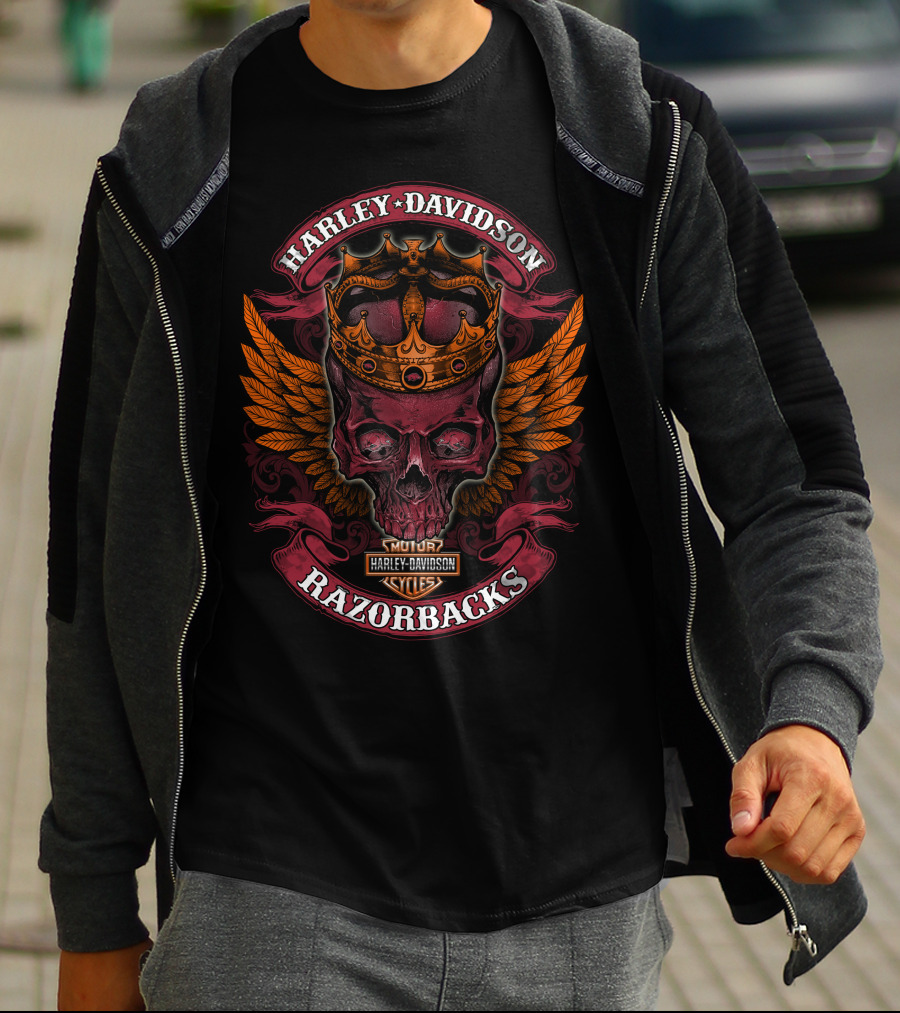 Harley Davidson Razorbacks Skull With Crown And Wings T-Shirt