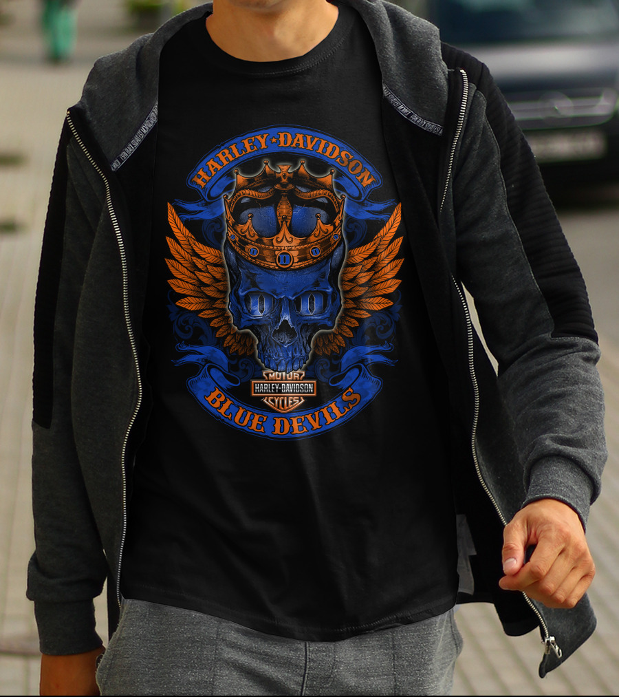 Harley Davidson Blue Devils Skull Crown Wings Motor Cycles T-Shirt