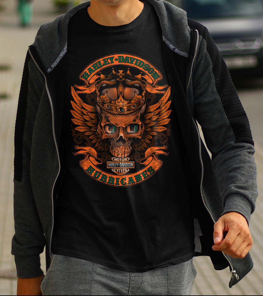 Harley Davidson Hurricanes King Skull Orange Wings Crown Motor Cycles T-Shirt