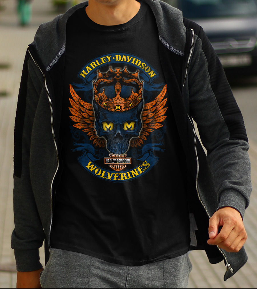 Harley Davidson Wolverines Motor Cycles Skull Crown Wings T-Shirt