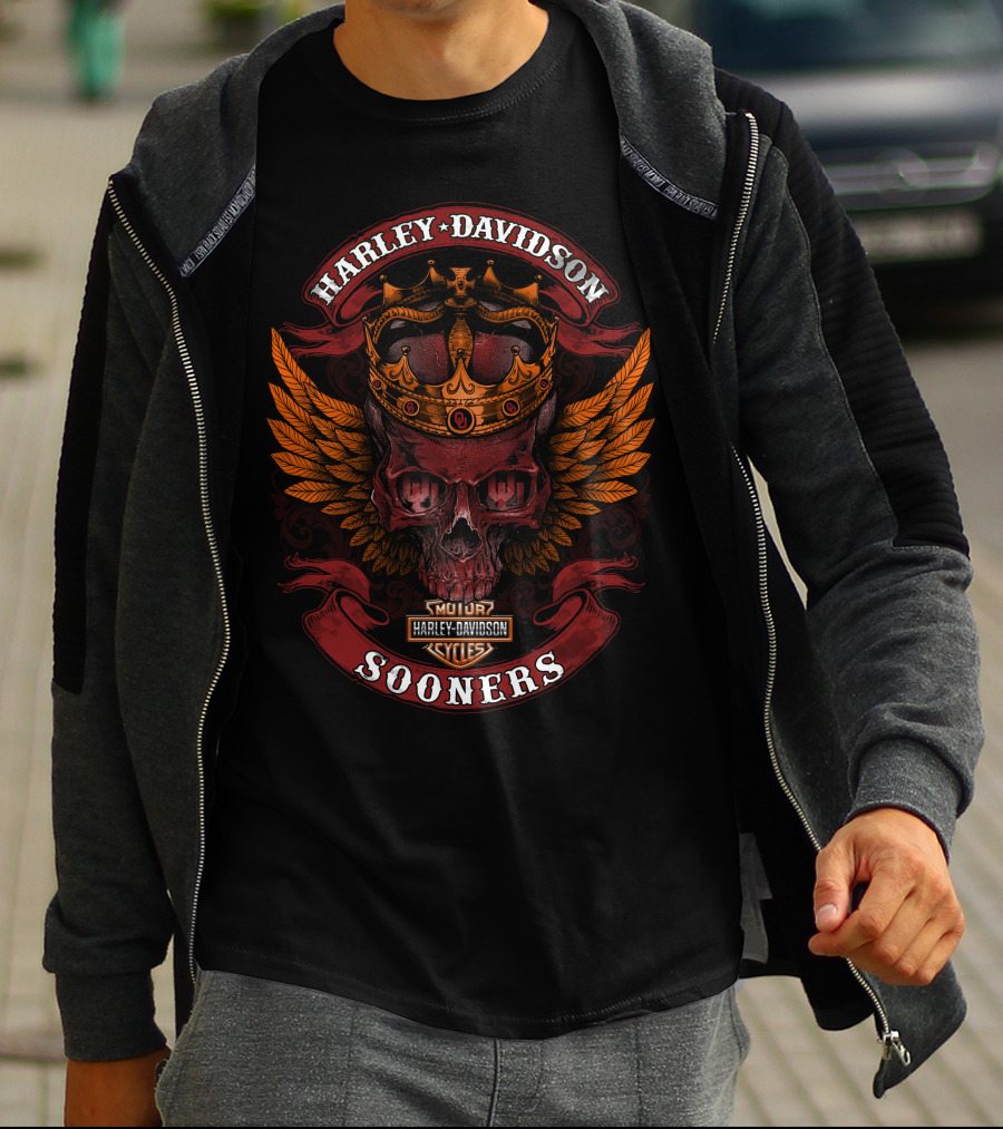 Harley Davidson King Skull Crown Wings Sooner Cycles T-Shirt