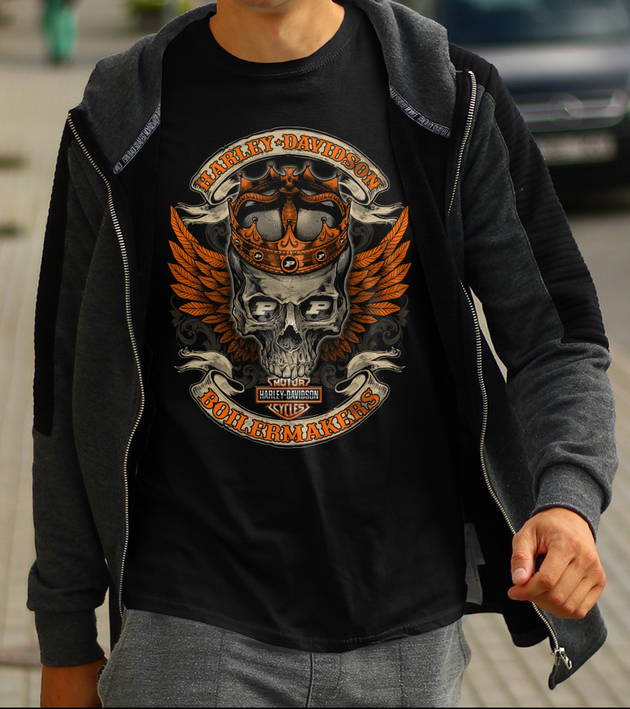 Harley Davidson Boilermakers Skull Crown Wings Motor Cycles Purdue P Shield T-Shirt