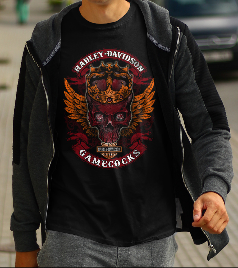 Harley Davidson Motor Cycles Skull Crown Wings Gamecocks T-Shirt