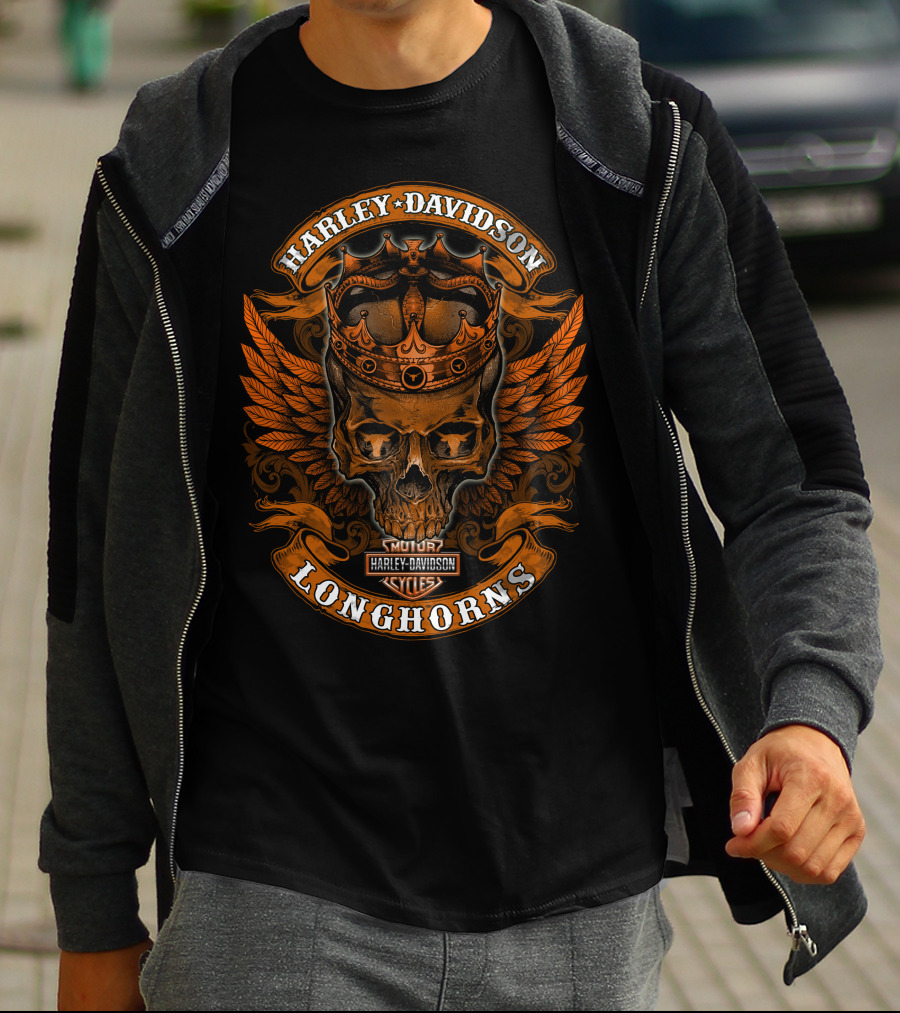 Harley Davidson Longhorns Skull Crown Wings T-Shirt