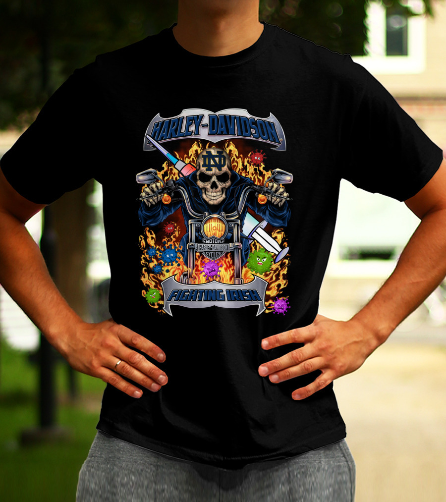 Harley Davidson Notre Dame Fighting Irish Skull Motorcycle Flames Viruses T-Shirt