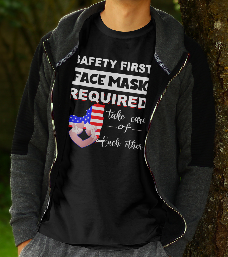 Safety First Face Mask Required Take Care Of Each Other Usa Flag Map T-Shirt