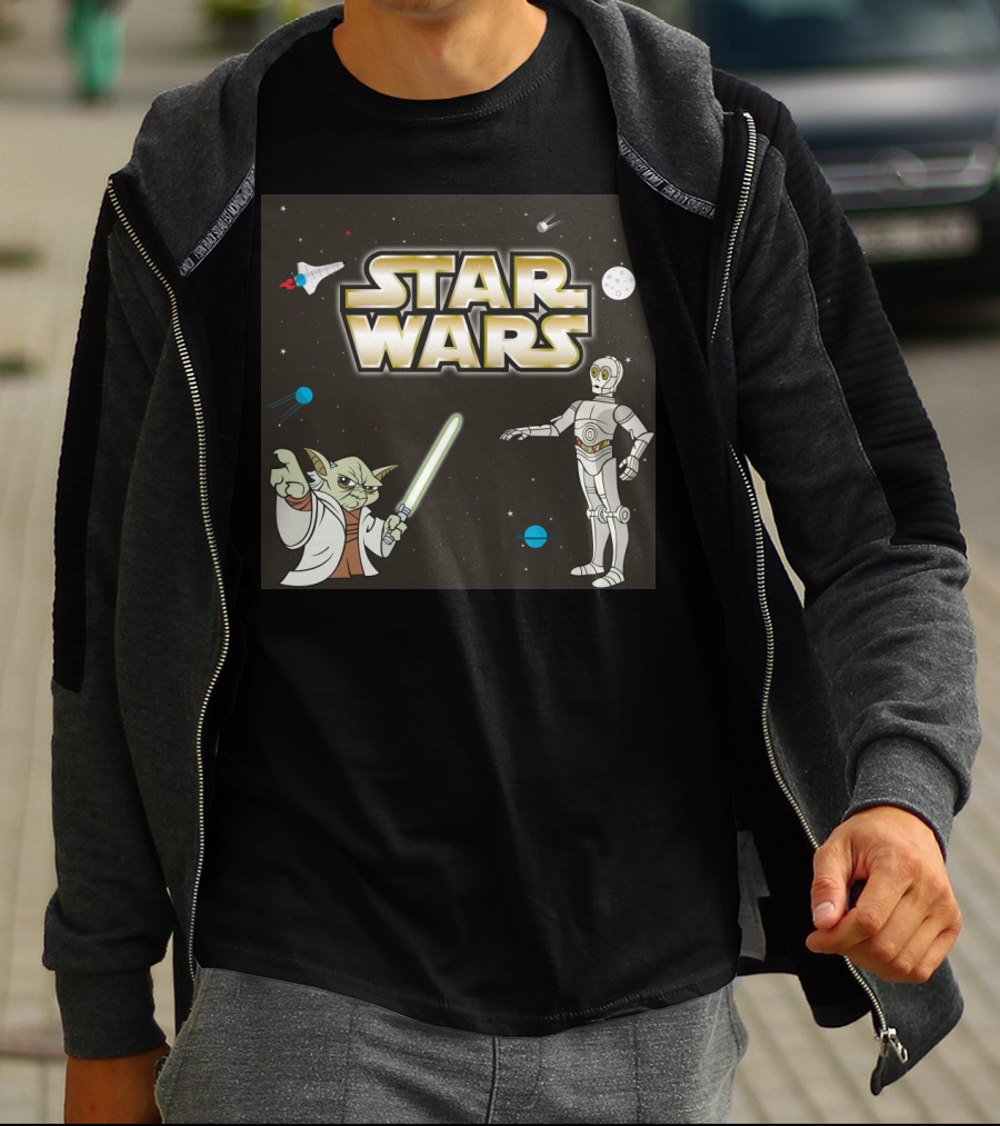 Star Wars Yoda And C-3PO Space Adventure Scene T-Shirt