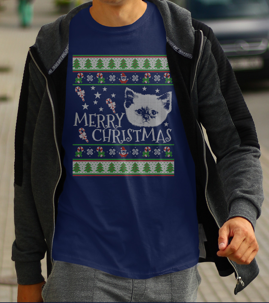 Merry Christmas Cute Persian Kitten Candy Canes Snowflakes Trees T-Shirt