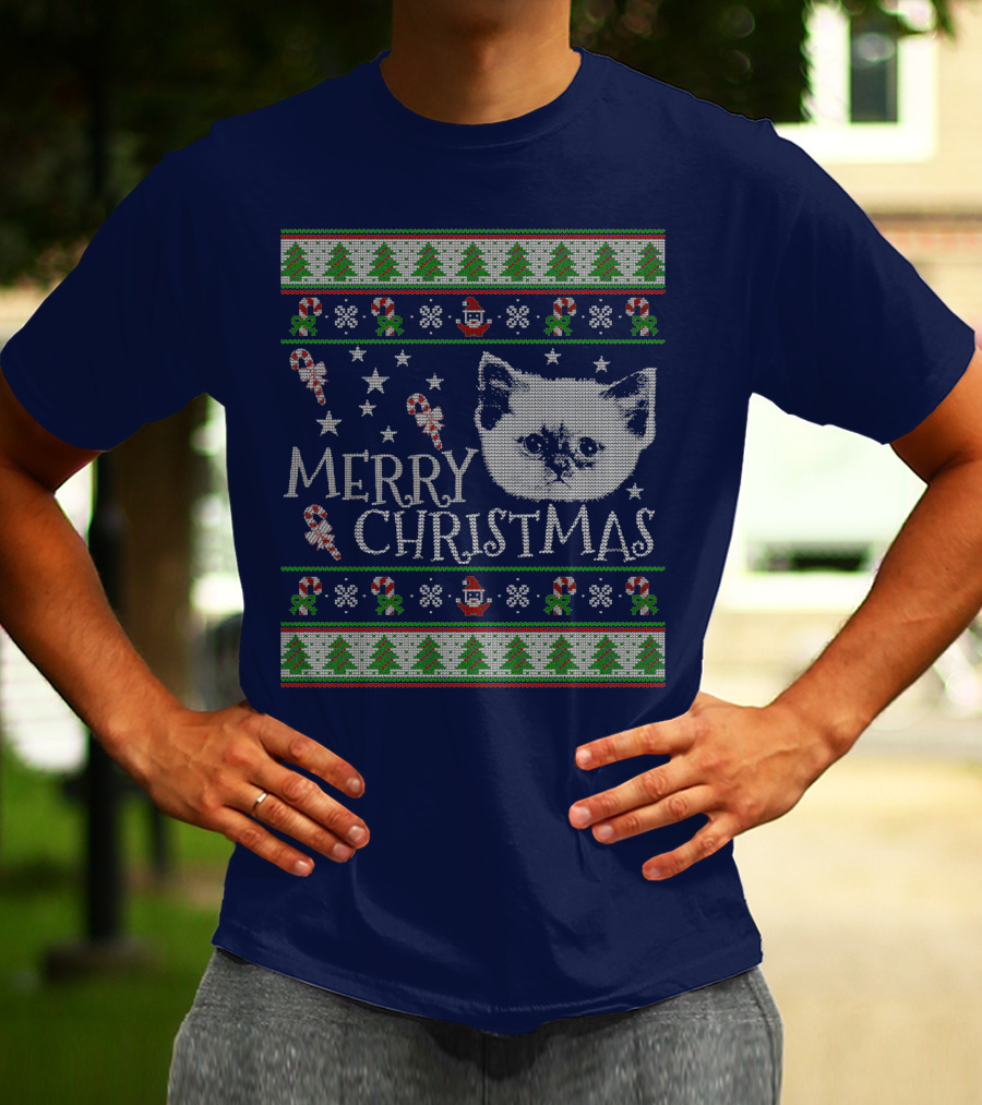 Merry Christmas Cute Persian Kitten Candy Canes Snowflakes Trees T-Shirt