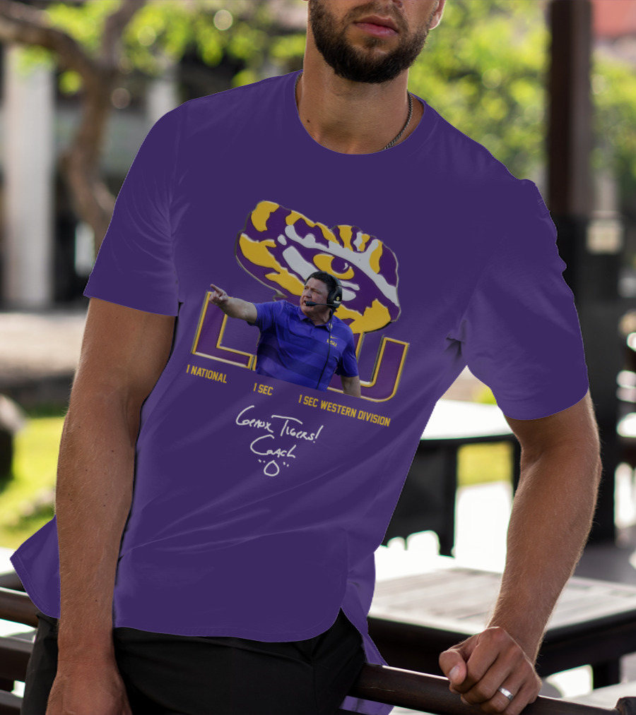 LSU Coach Ed Orgeron Geaux Tigers 1 National 1 SEC 1 SEC Western Division T-Shirt