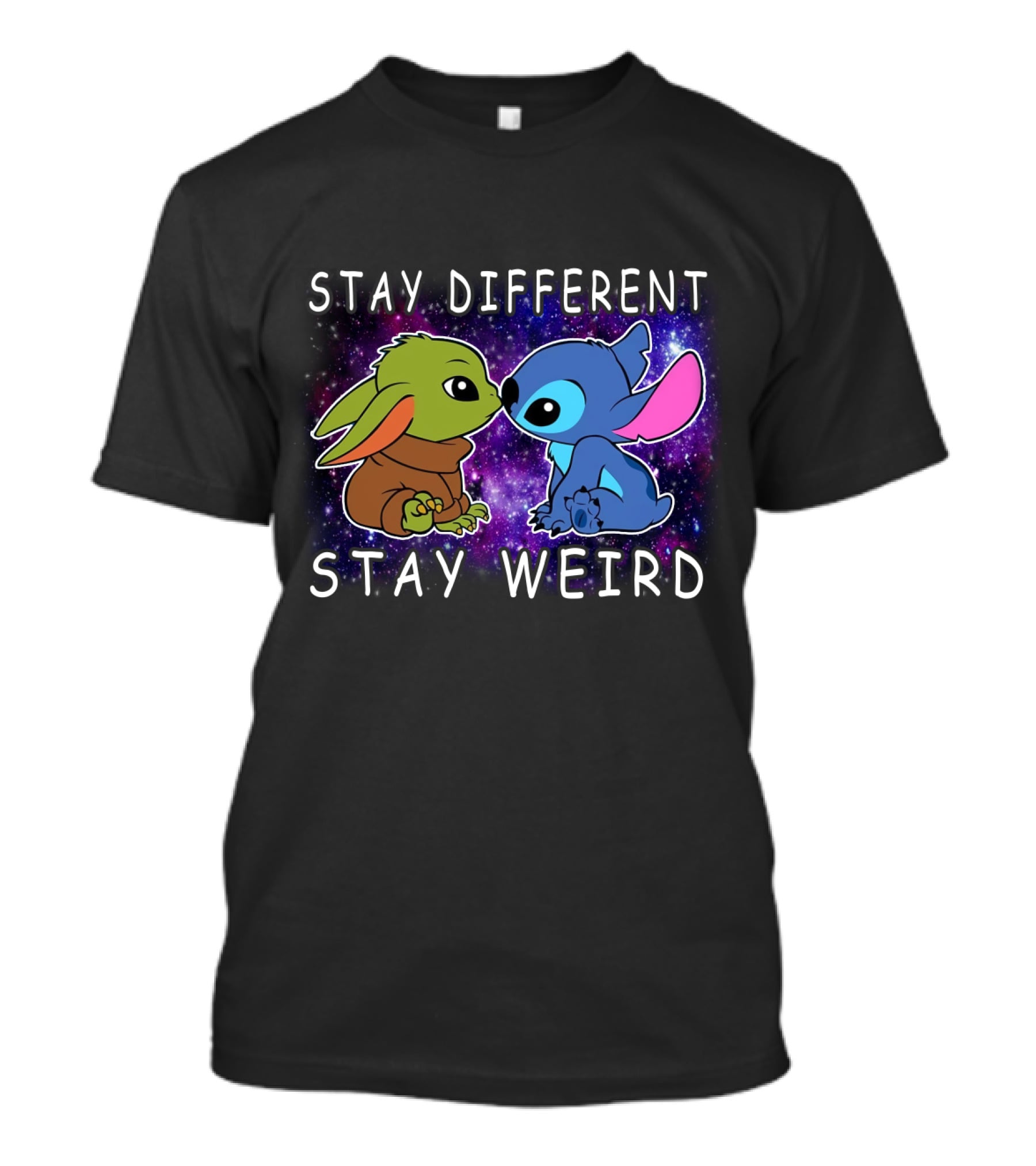 Stay Different Stay Weird Baby Yoda And Stitch Space Background T-Shirt