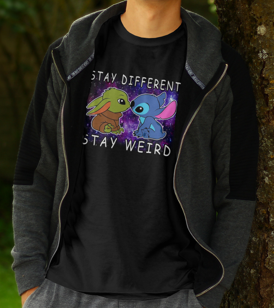 Stay Different Stay Weird Baby Yoda And Stitch Space Background T-Shirt