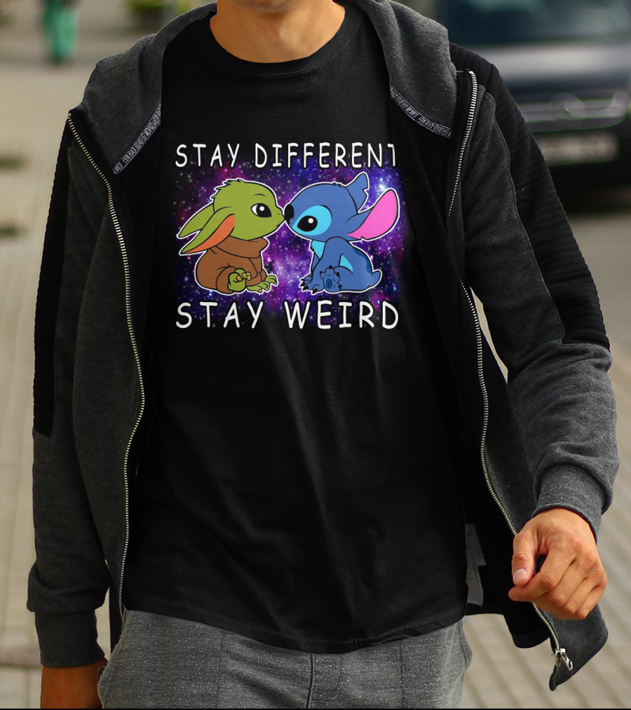 Stay Different Stay Weird Baby Yoda And Stitch Space Background T-Shirt
