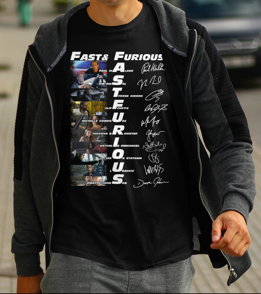 Fast And Furious Paul Walker Vin Diesel Tyrese Gibson Michelle Rodriguez Cast Signatures Thank You For The Memories T-Shirt