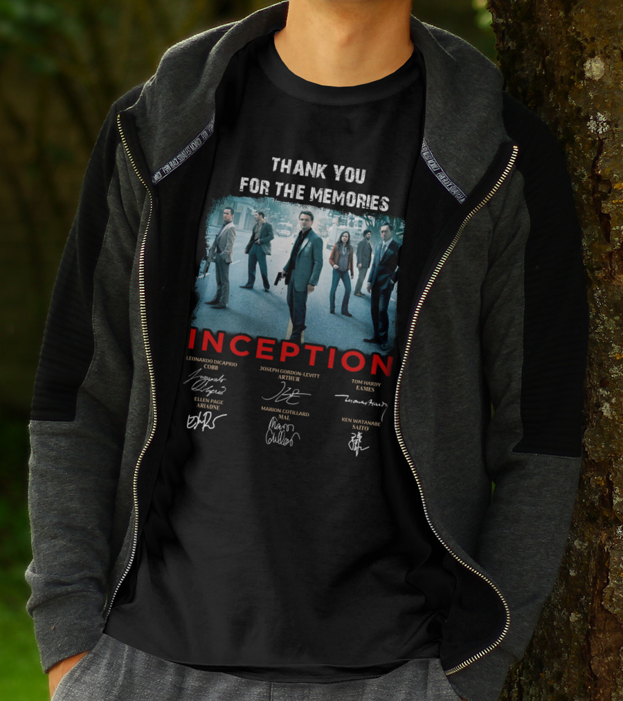 Thank You For The Memories Inception Cast Signatures Leonardo DiCaprio Joseph Gordon-Levitt Tom Hardy Marion Cotillard Ken Watanabe T-Shirt