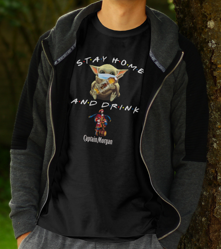 Stay Home And Drink Captain Morgan Baby Yoda Mask T-Shirt