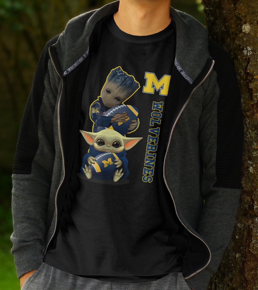 Michigan Wolverines Groot And Baby Yoda Football T-Shirt