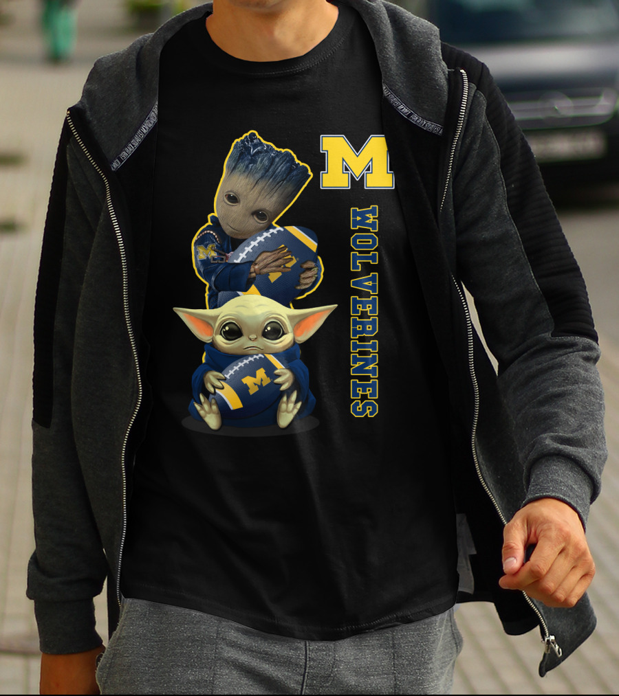 Michigan Wolverines Groot And Baby Yoda Football T-Shirt