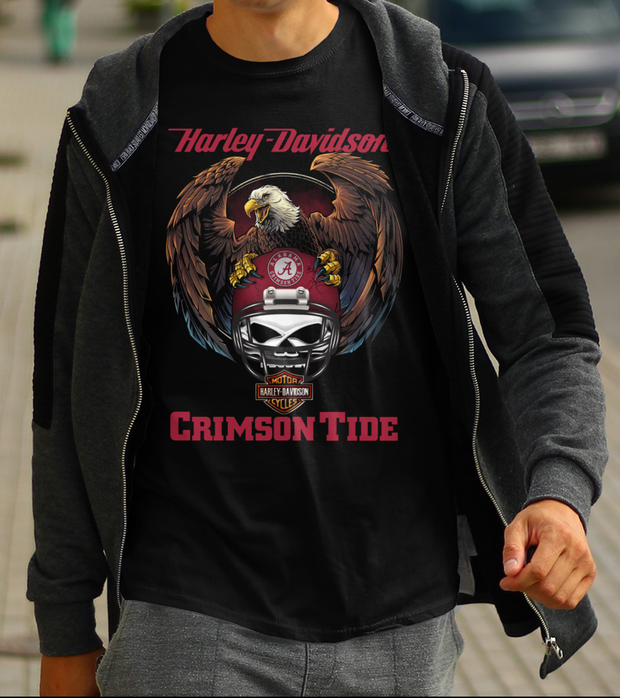 Harley Davidson Crimson Tide Alabama Football Eagle Skull Helmet T-Shirt