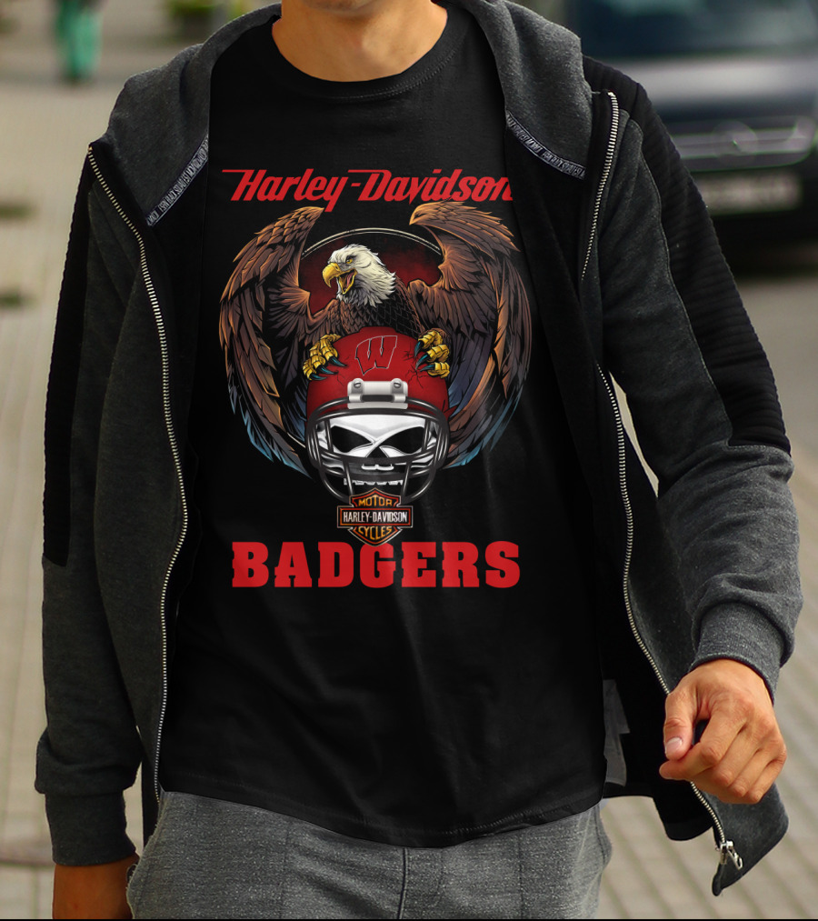 Harley Davidson Badgers Motorcycles Ncaa Football Helmet Eagle T-Shirt