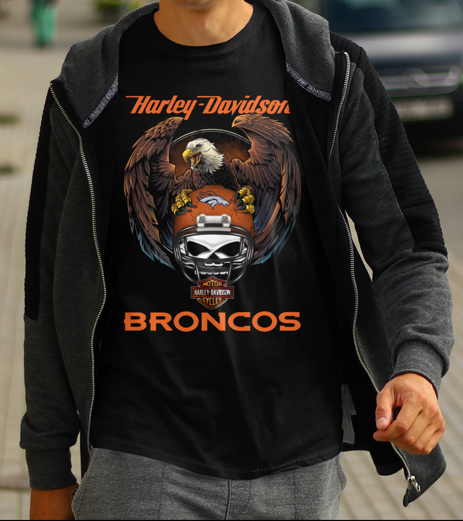 Harley Davidson Broncos Skull Eagle Helmet Nfl Collaboration T-Shirt