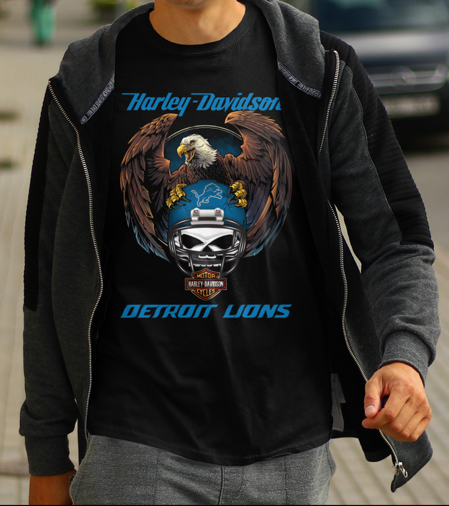 Harley Davidson Detroit Lions Eagle Helmet Nfl Motorcycles T-Shirt