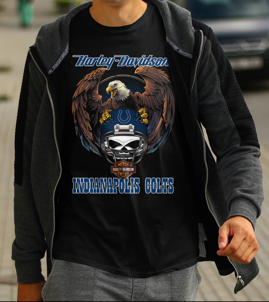Harley Davidson Indianapolis Colts Bald Eagle Skull Helmet T-Shirt