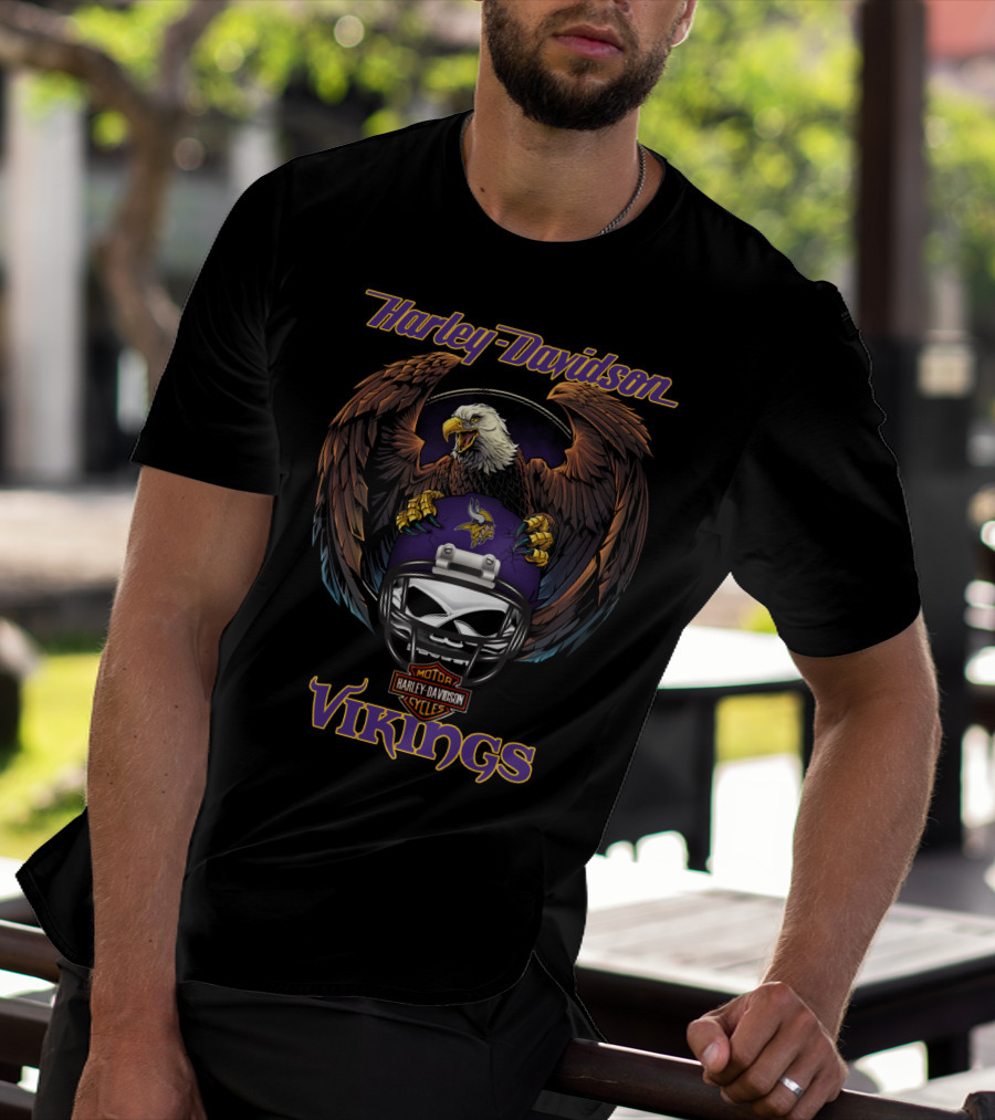 Harley Davidson Motor Cycles Vikings Nfl Eagle Helmet T-Shirt
