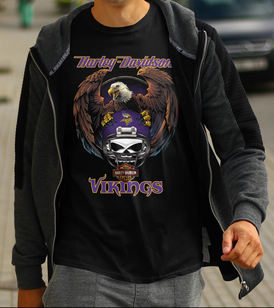 Harley Davidson Motor Cycles Vikings Nfl Eagle Helmet T-Shirt