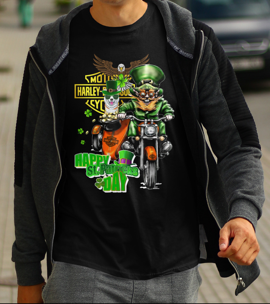 Harley Davidson St. Patrick's Day Leprechaun Riding Motorcycle With Akita Dog T-Shirt