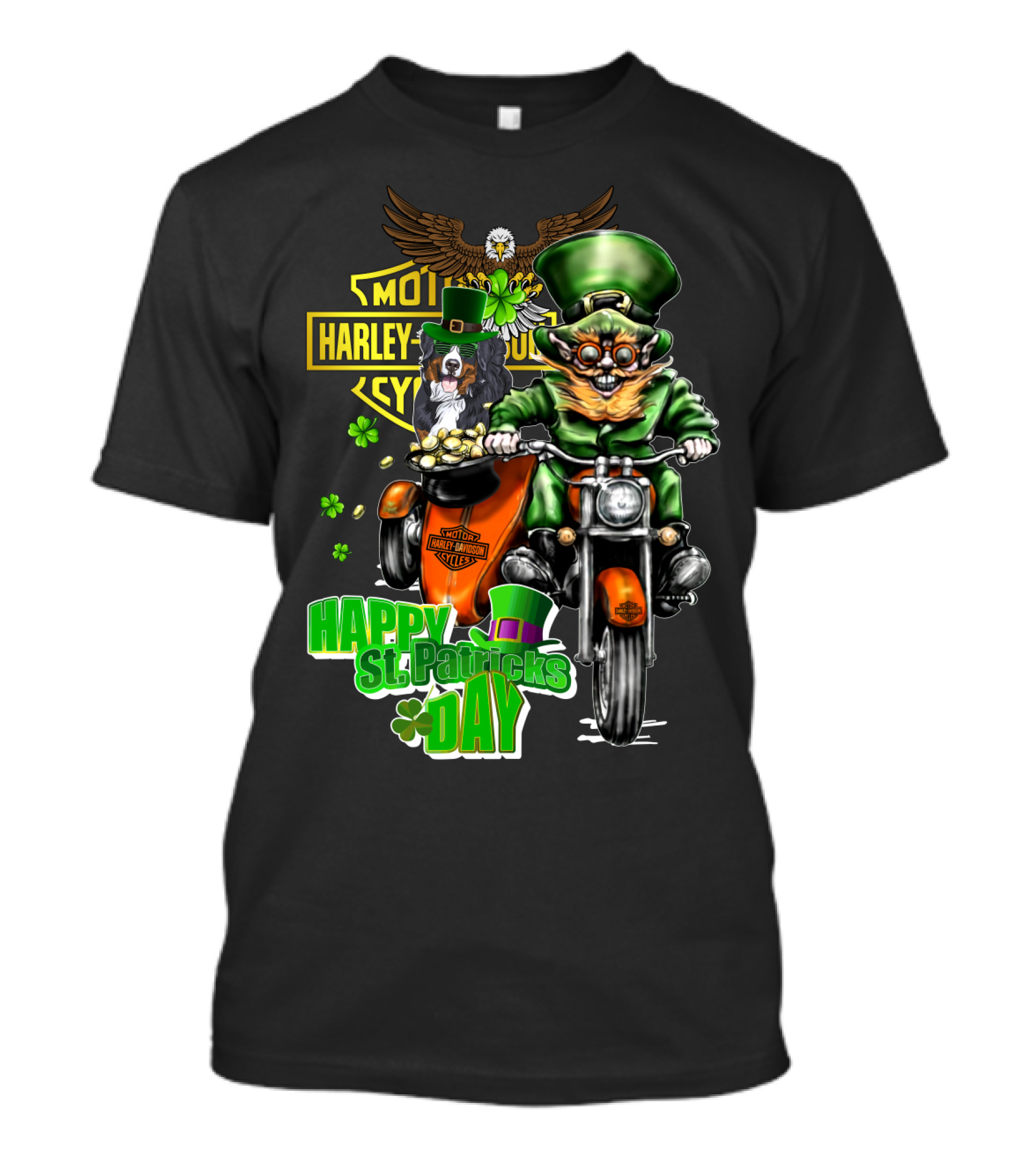 Happy St. Patrick's Day Harley Davidson Leprechaun And Bernese Mountain Dog Ride T-Shirt