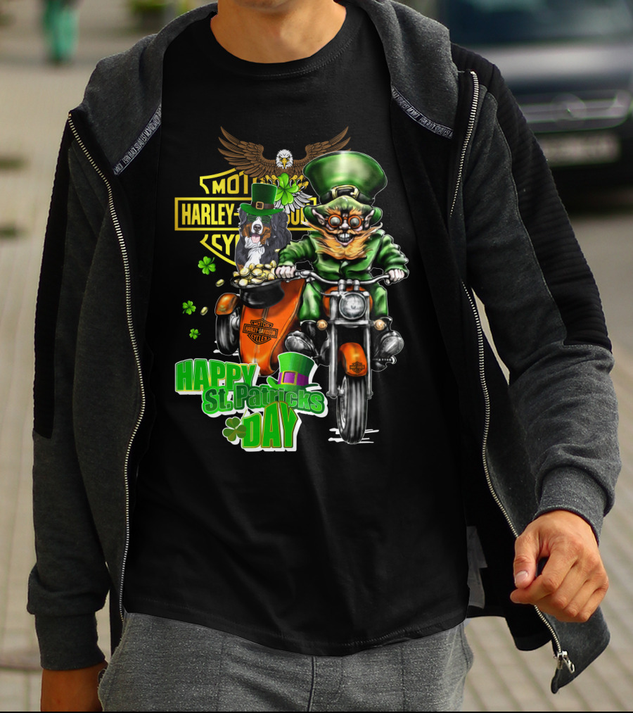 Happy St. Patrick's Day Harley Davidson Leprechaun And Bernese Mountain Dog Ride T-Shirt