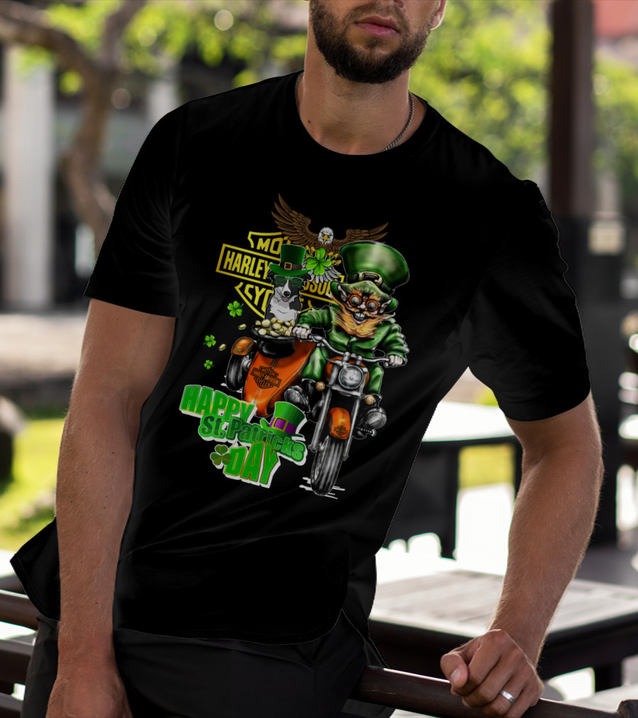 Happy St. Patrick's Day Harley Davidson Border Collie Motorcycle Riding T-Shirt