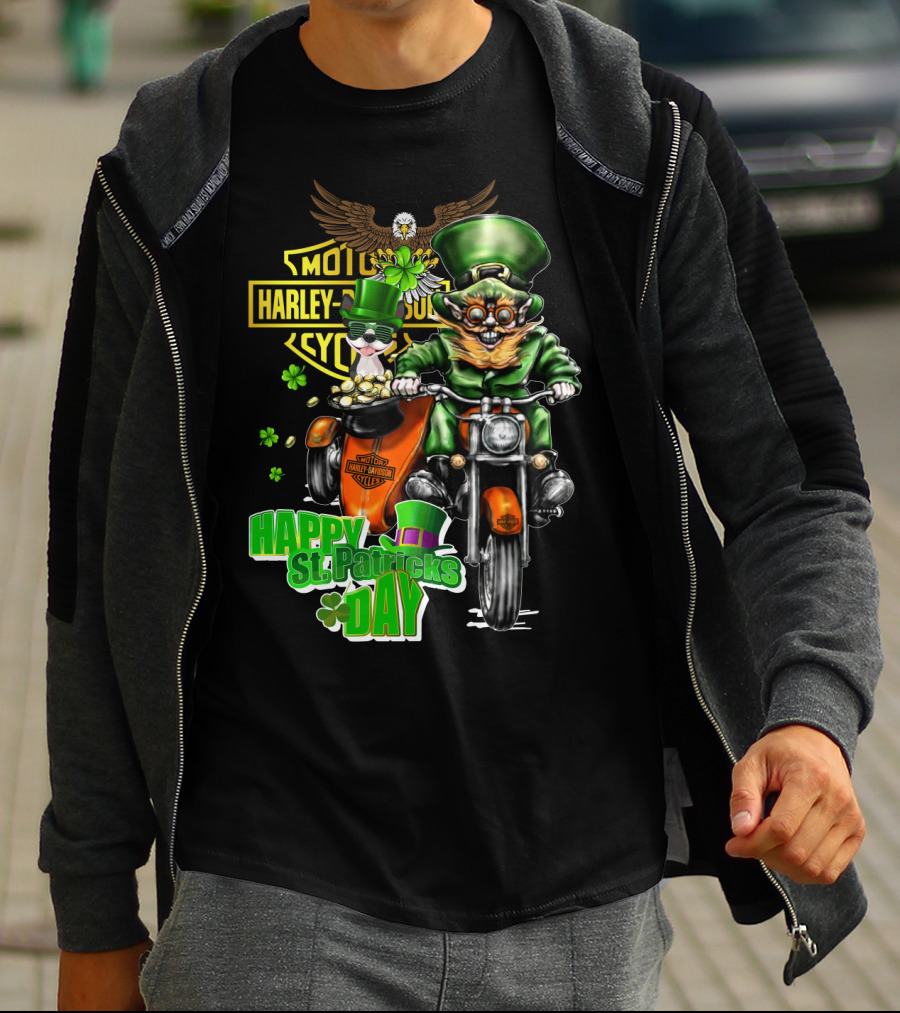 Harley Davidson St. Patrick's Day Boston Terrier Leprechaun Motorcycle T-Shirt