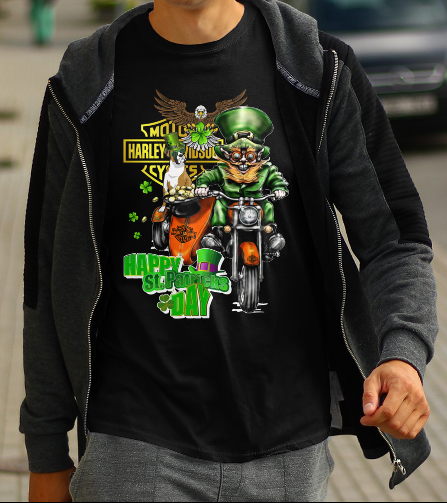 Happy St. Patricks Day Harley Davidson Motorcycles Cycle Riding Leprechaun And Boxer T-Shirt