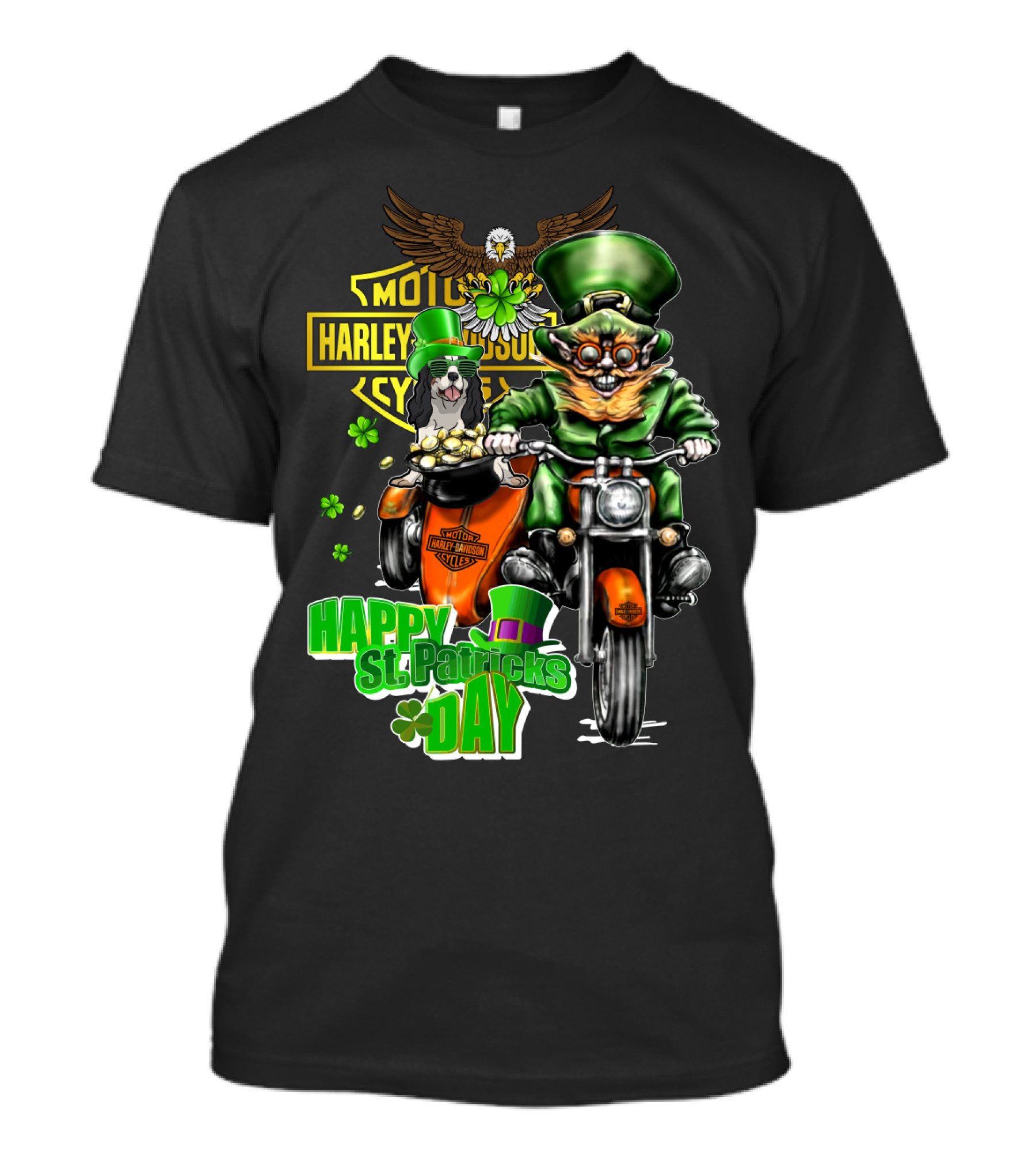 Harley Davidson Happy St. Patrick's Day Cavalier King Charles Spaniel Motorcycle Rider T-Shirt