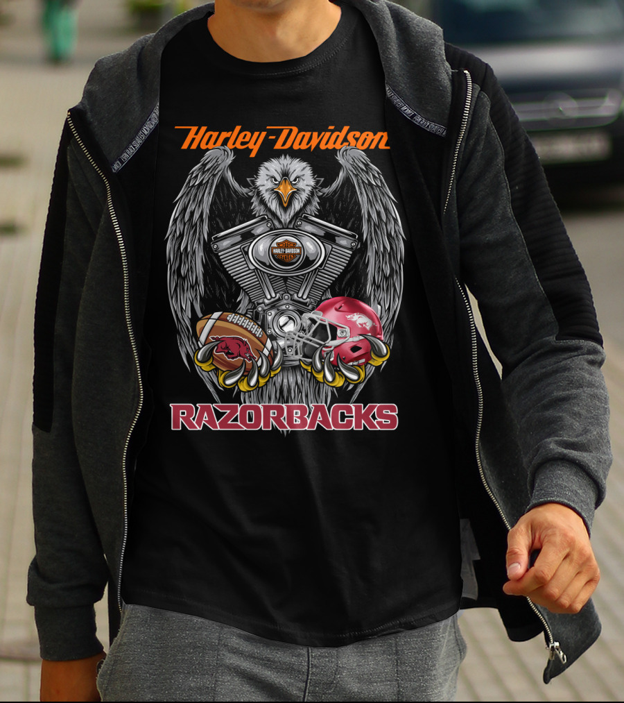 Harley Davidson Razorbacks Ncaa Football Helmet And Eagle Engine T-Shirt