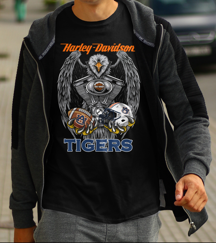 Harley Davidson Auburn Tigers Football Ncaa Helmet And Eagle Engine T-Shirt