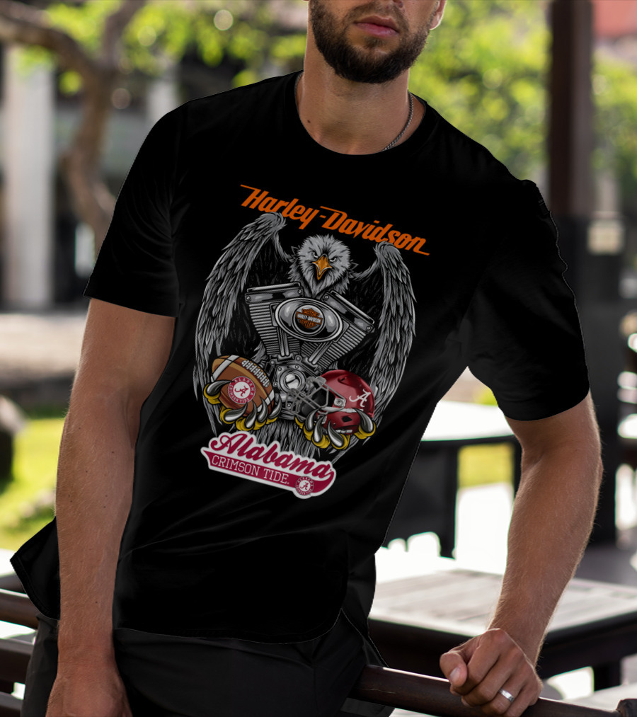 Harley Davidson Alabama Crimson Tide Ncaa Football Helmet And Eagle T-Shirt