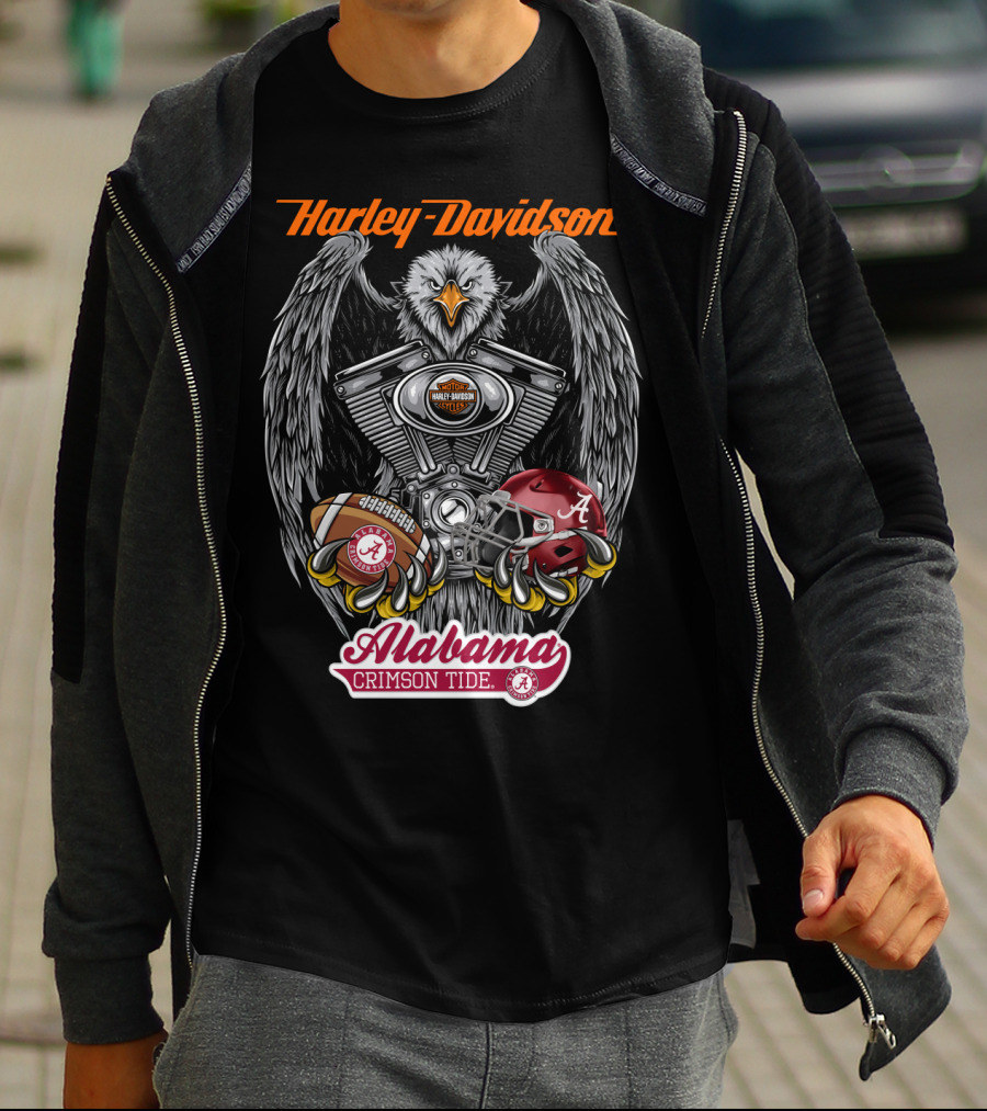 Harley Davidson Alabama Crimson Tide Ncaa Football Helmet And Eagle T-Shirt