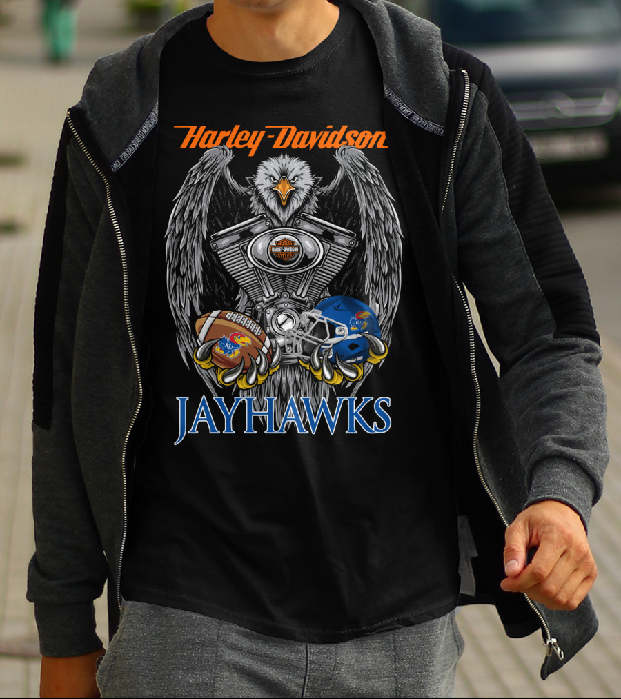 Harley Davidson Jayhawks Kansas Football Helmet And Ball T-Shirt